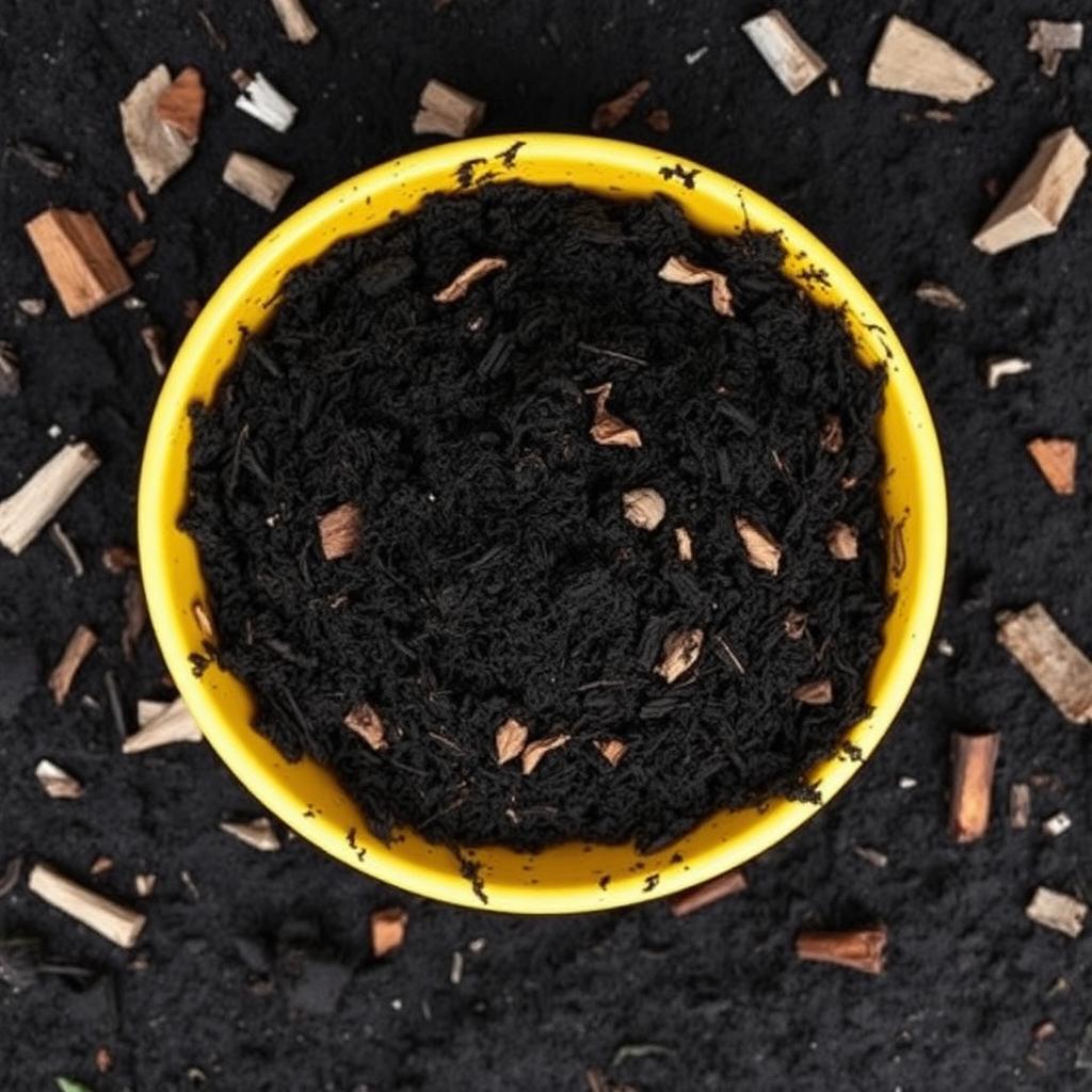 Finished compost in a yellow ceramic bowl on dark soil