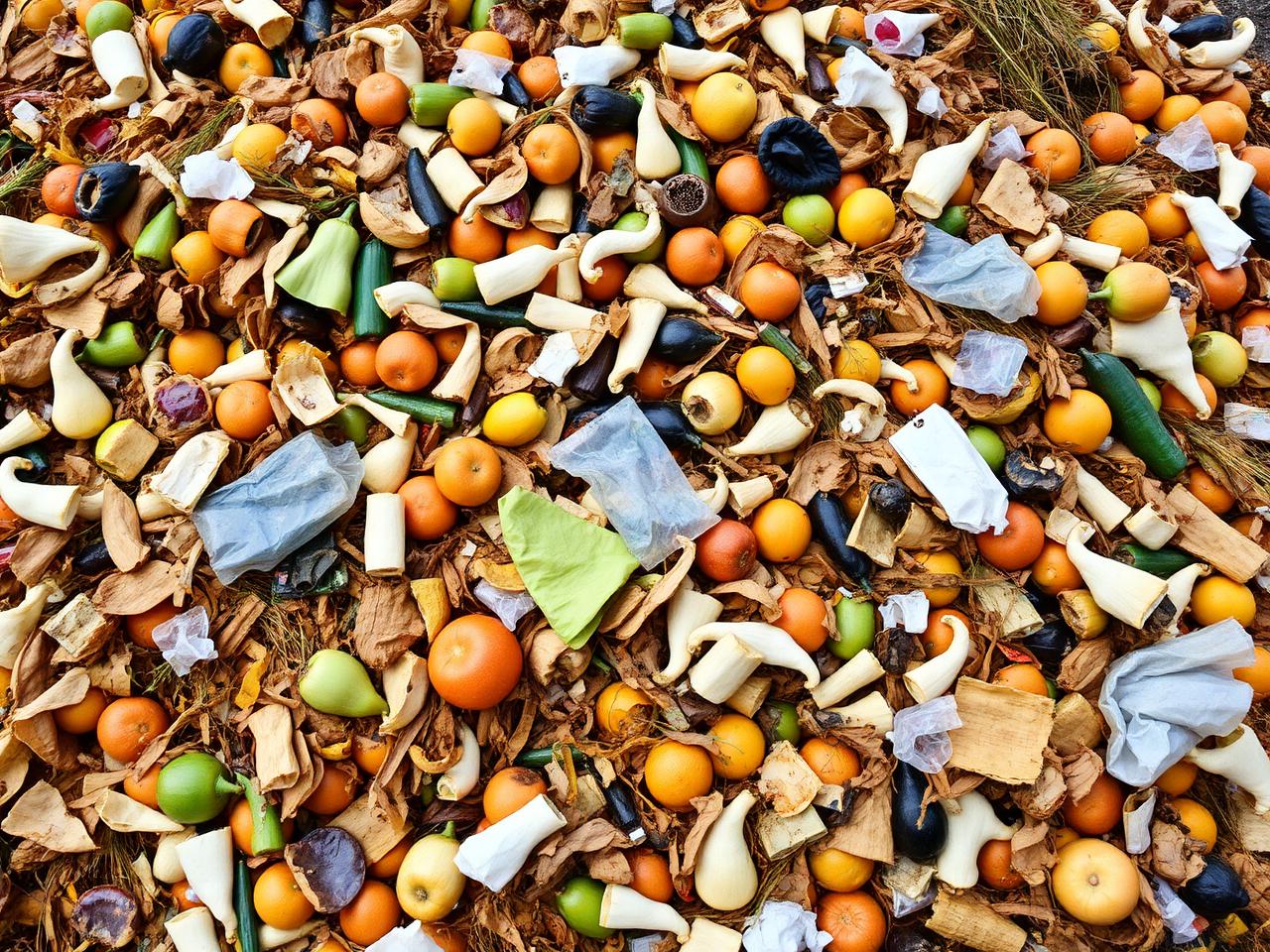 Pile of mixed food waste with visible plastic contamination