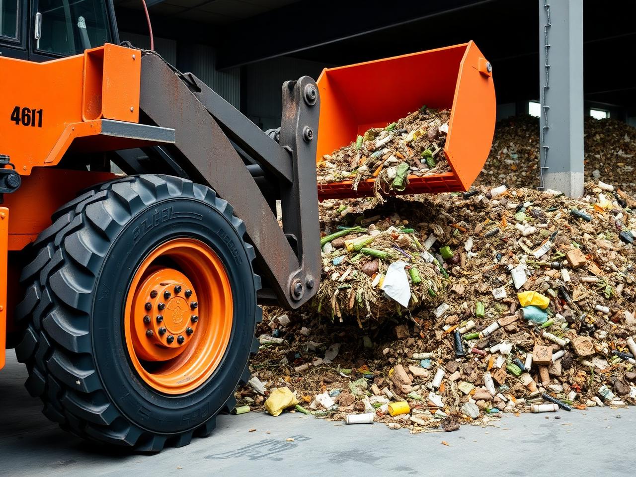 Industrial loader handling mixed food waste at a composting facility